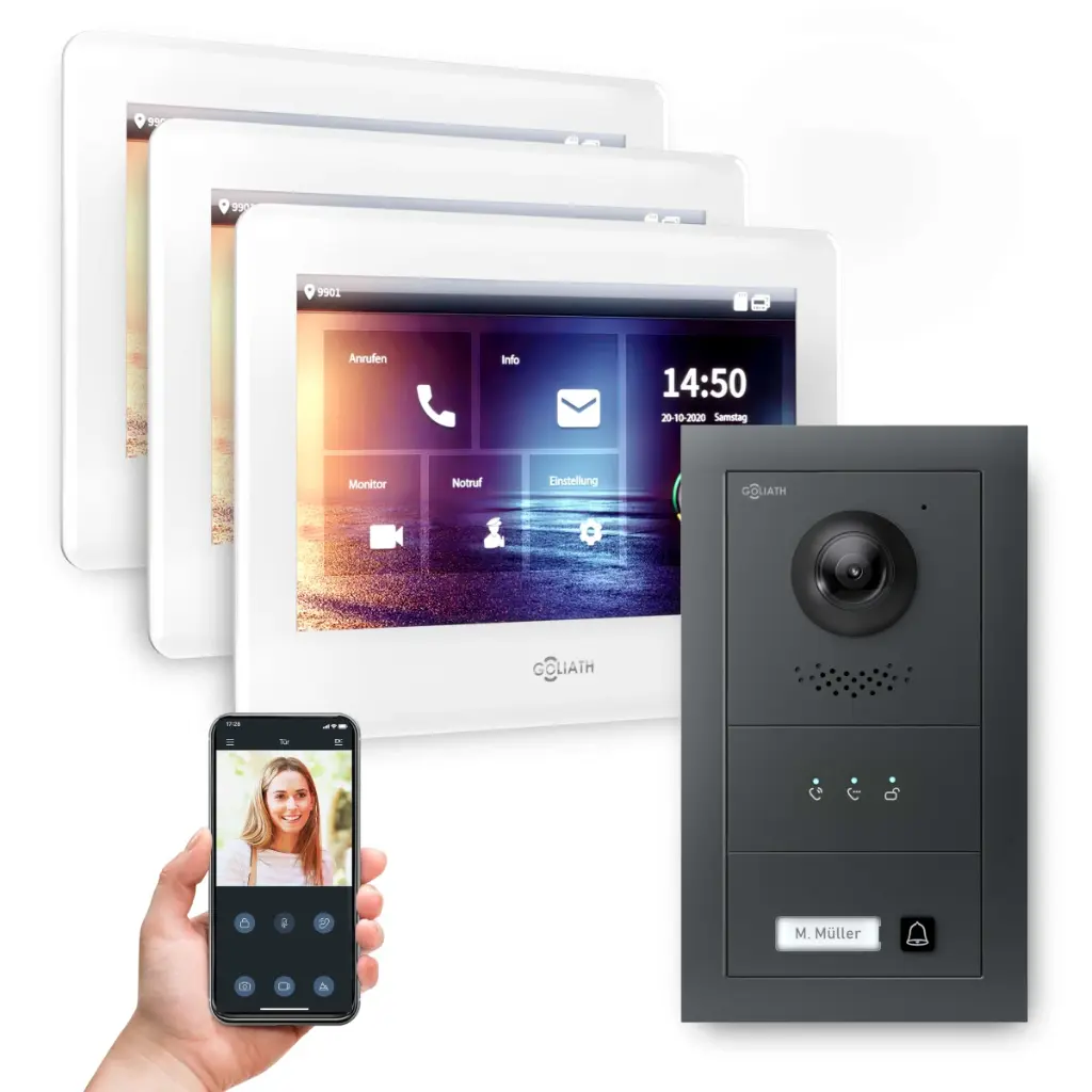 GOLIATH Hybrid 2-Draht BUS Video Türsprechanlage Anthrazit  3x7 Zoll Weiß