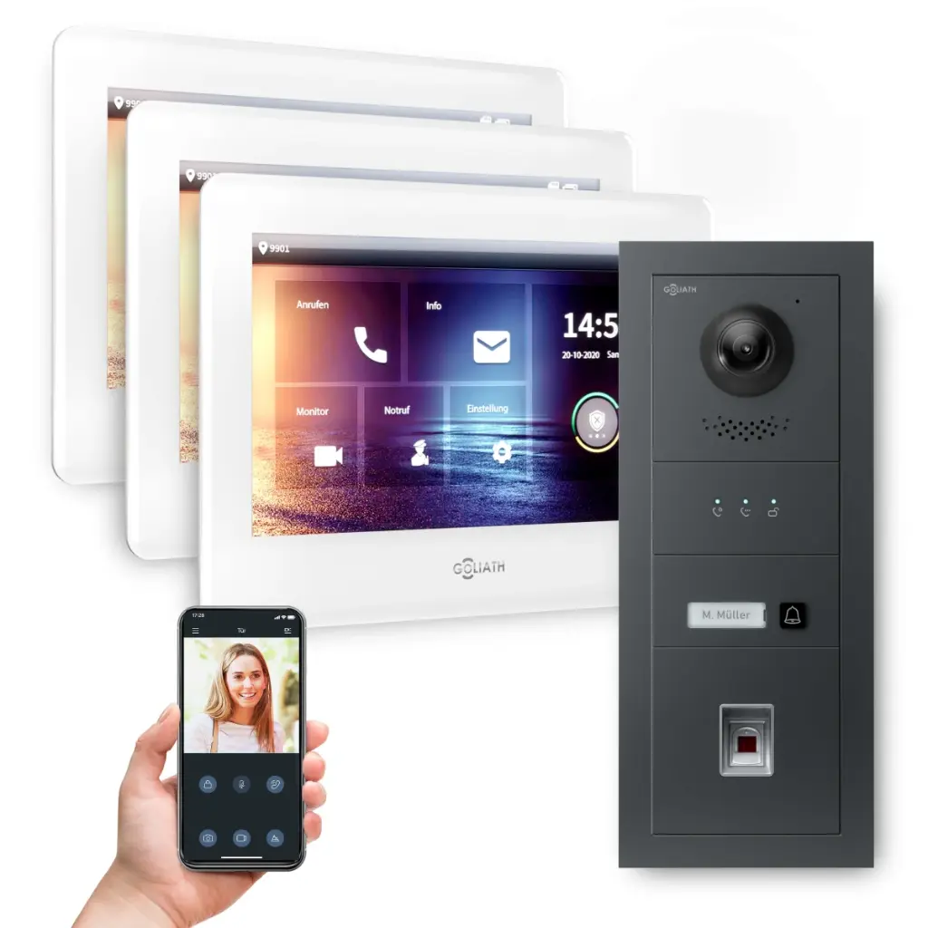 GOLIATH Hybrid 2-Draht BUS Video-Türsprechanlage Anthrazit 3x7"Weiß Fingerprint 