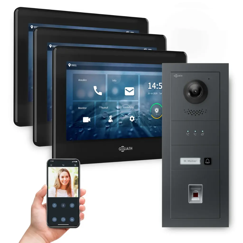 GOLIATH Hybrid 2-Draht BUS Videosprechanlage Anthrazit  3x7"Schwarz Fingerprint 