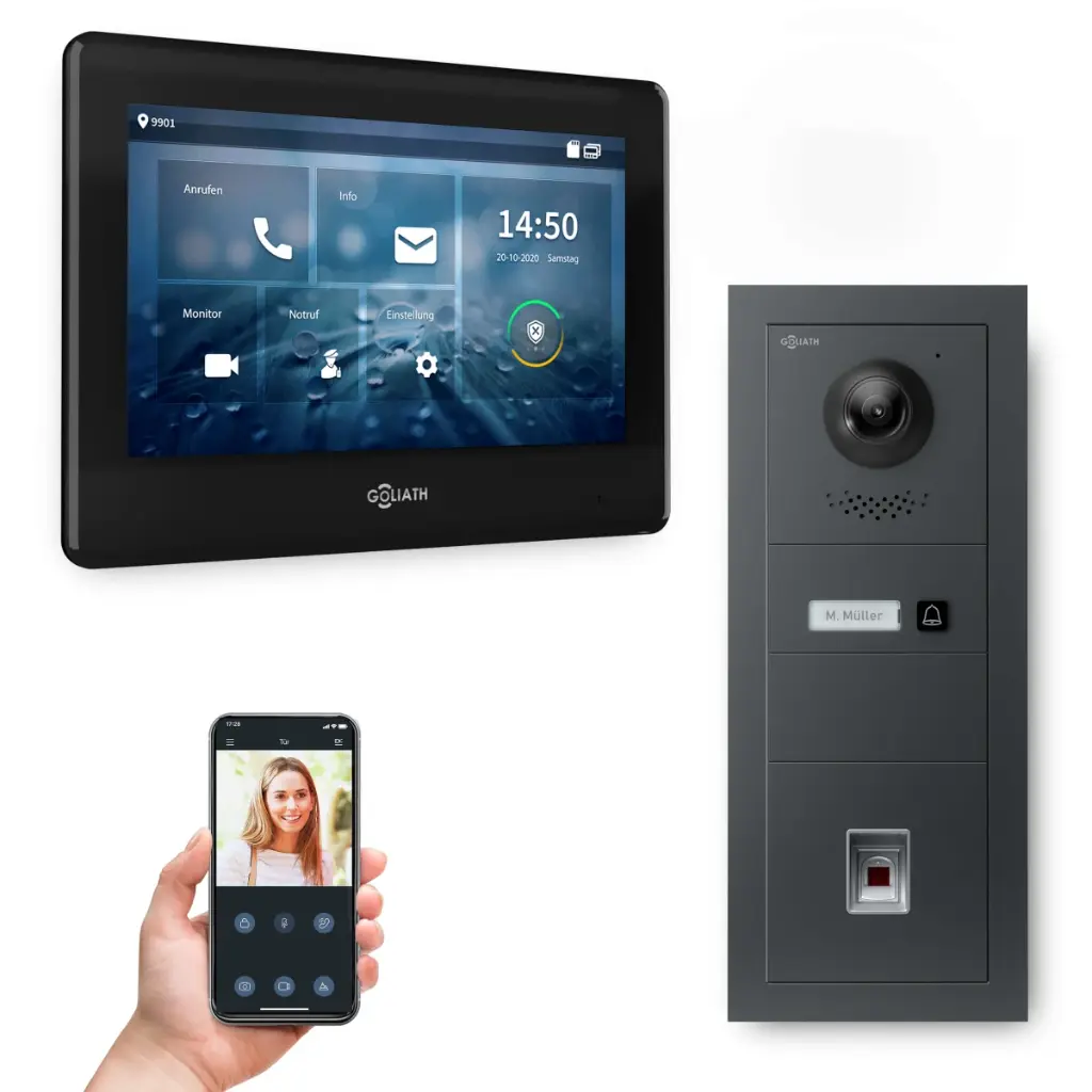 GOLIATH Hybrid 2-Draht BUS Videosprechanlage Anthrazit 7" Schwarz Fingerprint 