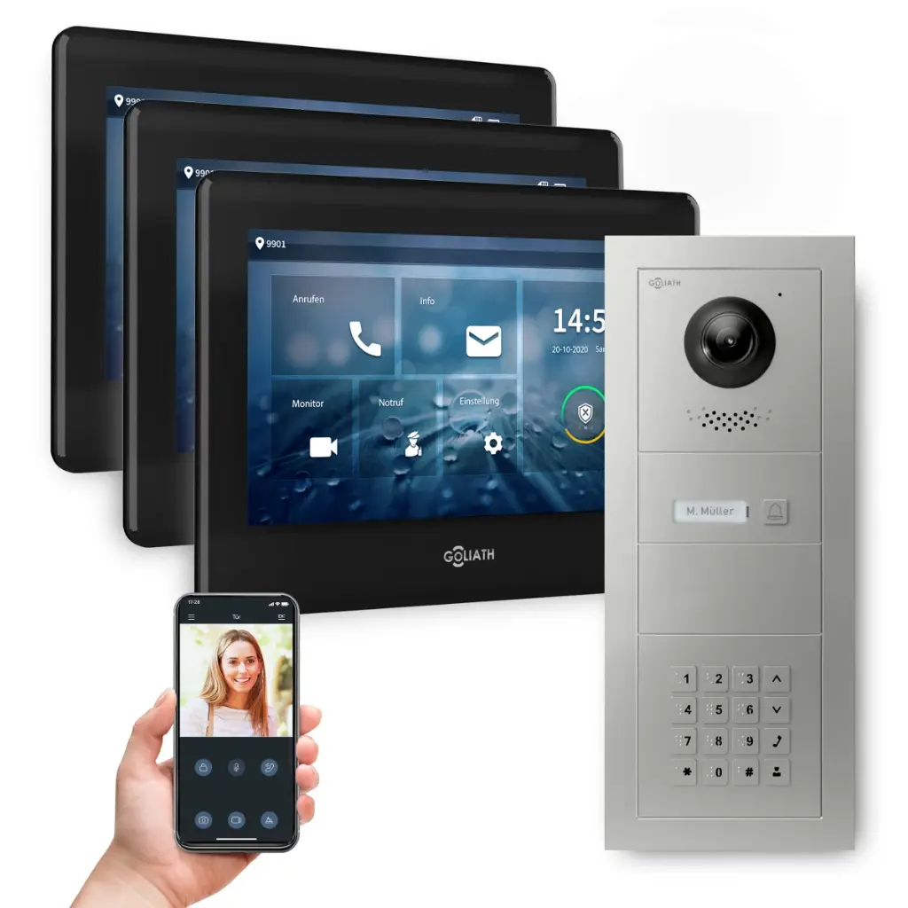 GOLIATH Hybrid 2-Draht BUS Videosprechanlage 3x7 Zoll Schwarz Keypad 