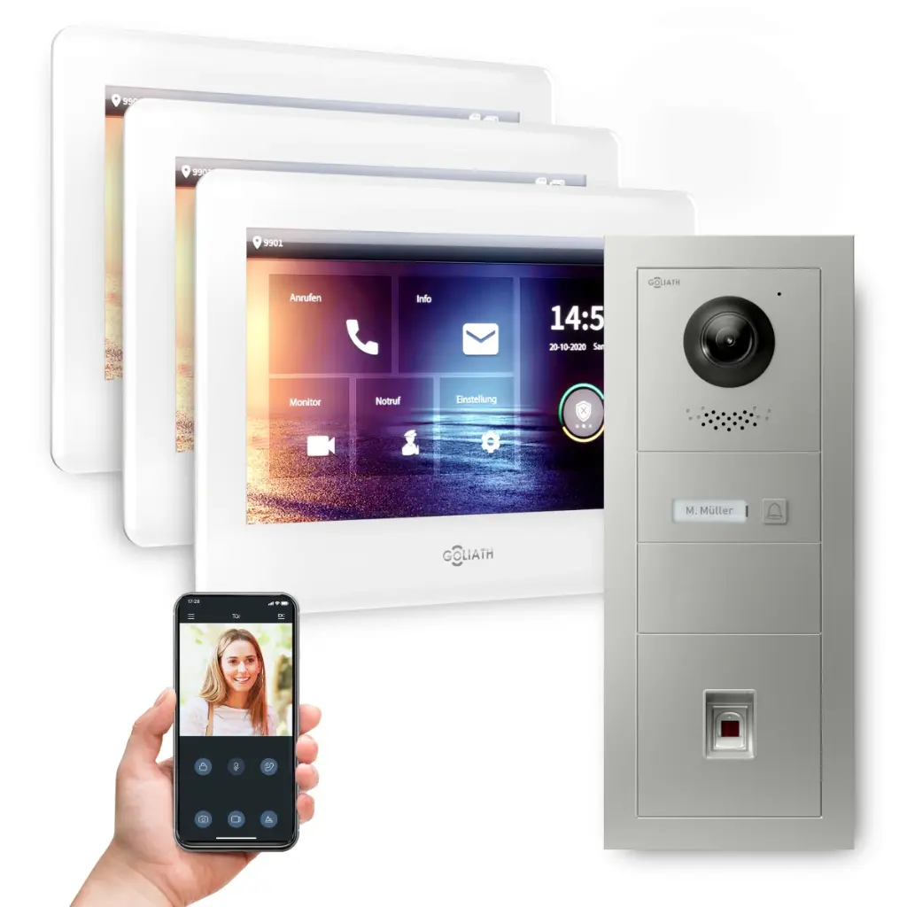 GOLIATH Hybrid 2-Draht BUS Videosprechanlage 3x7" Weiß Fingerprint 