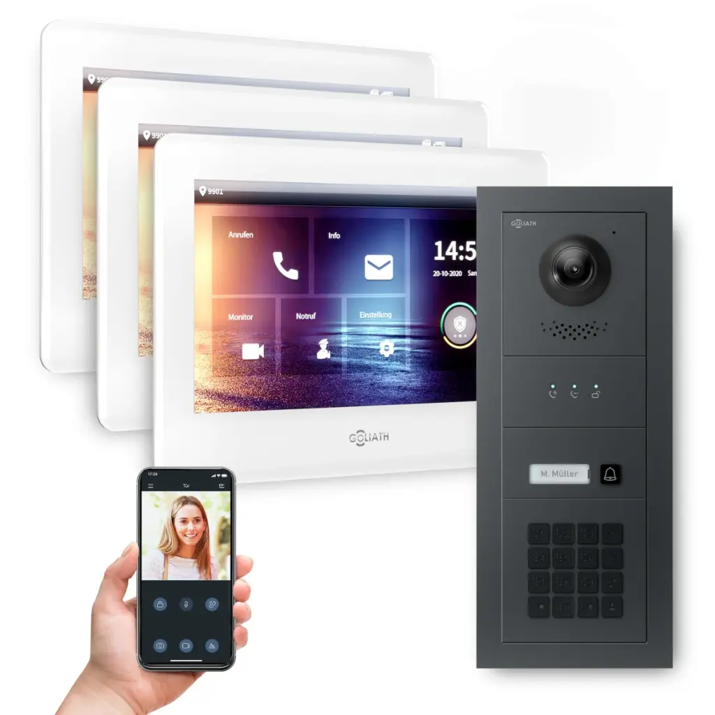 GOLIATH Hybrid 2-Draht BUS Videotürsprechanlage Anthrazit 3x7 Zoll Weiß Keypad