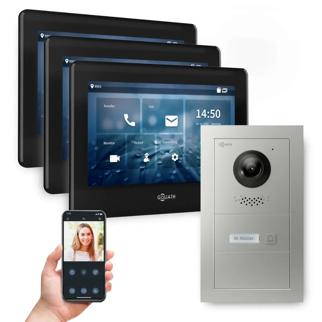 GOLIATH Hybrid IP Video Sprechanlage mit App 1-Familie 3x 7 Zoll HD 