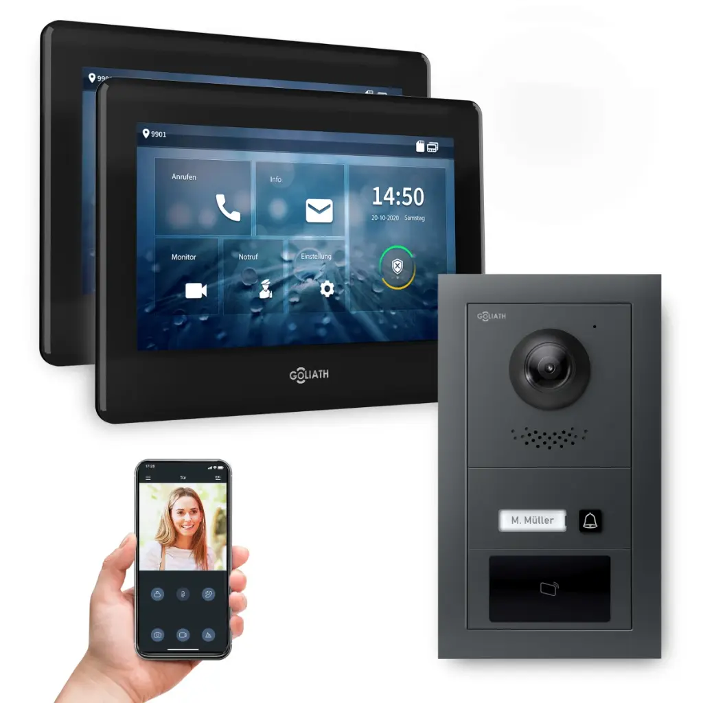 Goliath Hybrid IP Video Türsprechanlage mit App Anthrazit 2x7 Zoll Schwarz