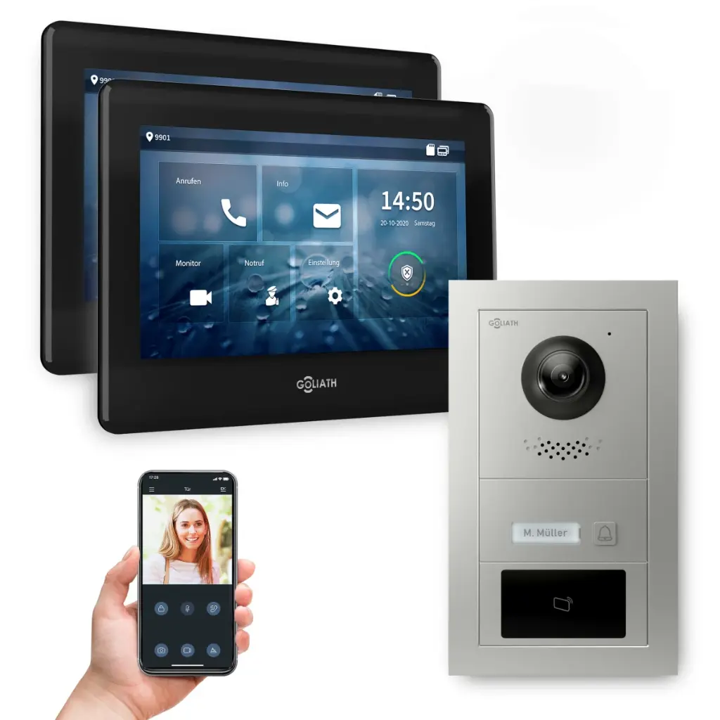 Goliath Hybrid IP Video Türsprechanlage mit App 1 Fam  Silber 2x7 Zoll Schwarz 