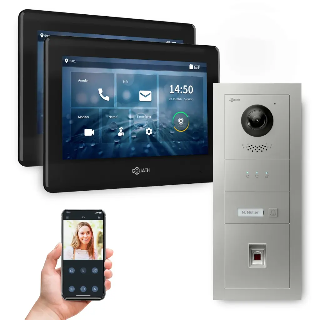 GOLIATH Hybrid IP Video Türsprechanlage mit App 1 Fam Silber 2x7 Zoll Schwarz