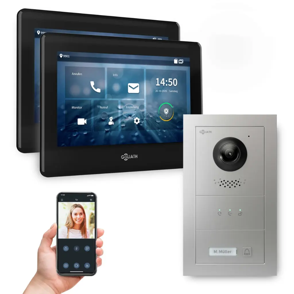 GOLIATH Hybrid IP Video Türsprechanlage mit App Silber 1-Fam 2x7 Zoll Schwarz