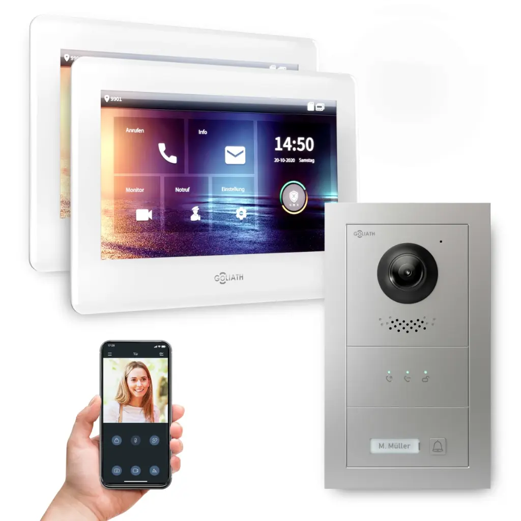 GOLIATH Hybrid IP Video Türsprechanlage mit App Silber 1-Fam 2x7 Zoll Weiß 