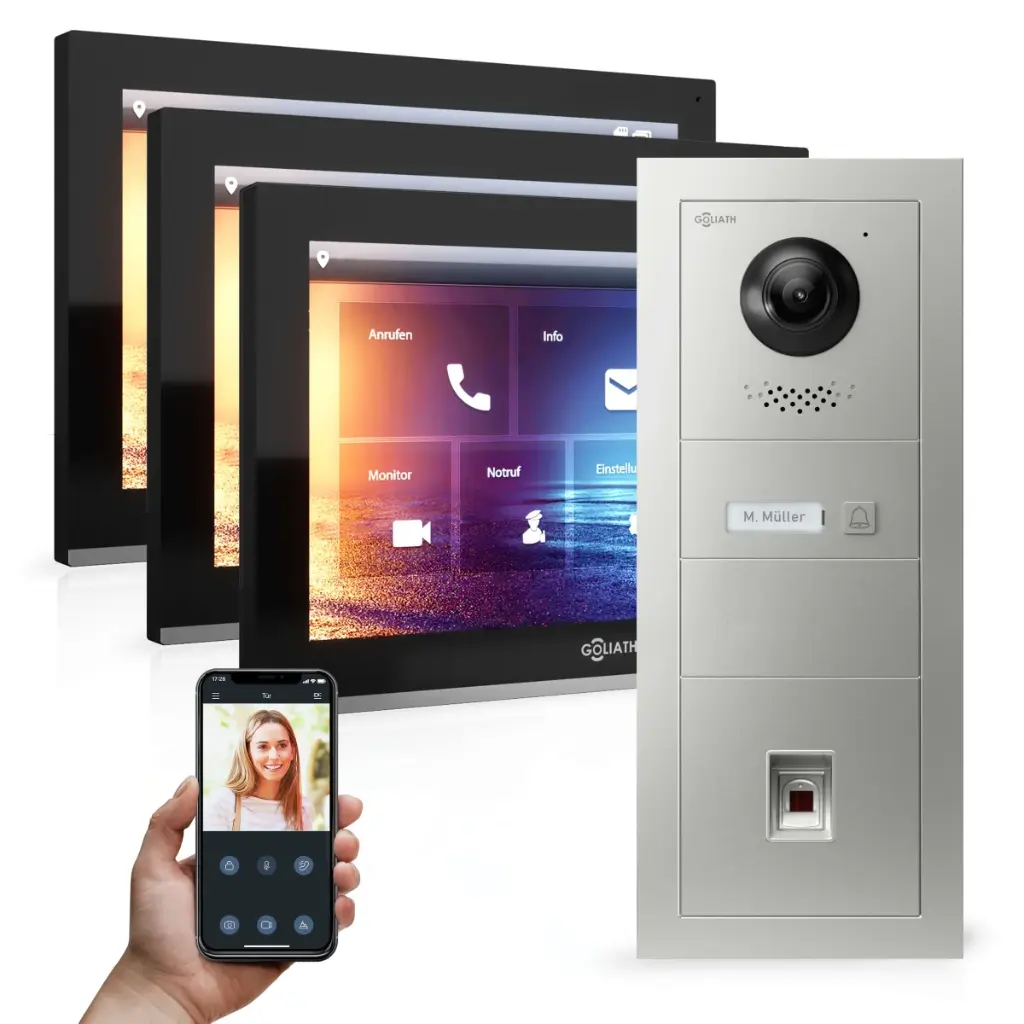 GOLIATH Hybrid IP Videotürsprechanlage 1-Familie 3x 10 Zoll HD Fingerprint 
