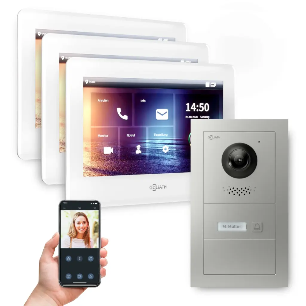 GOLIATH Hybrid IP Videotürsprechanlage 1-Familie 3x 7 Zoll HD Unterputz 
