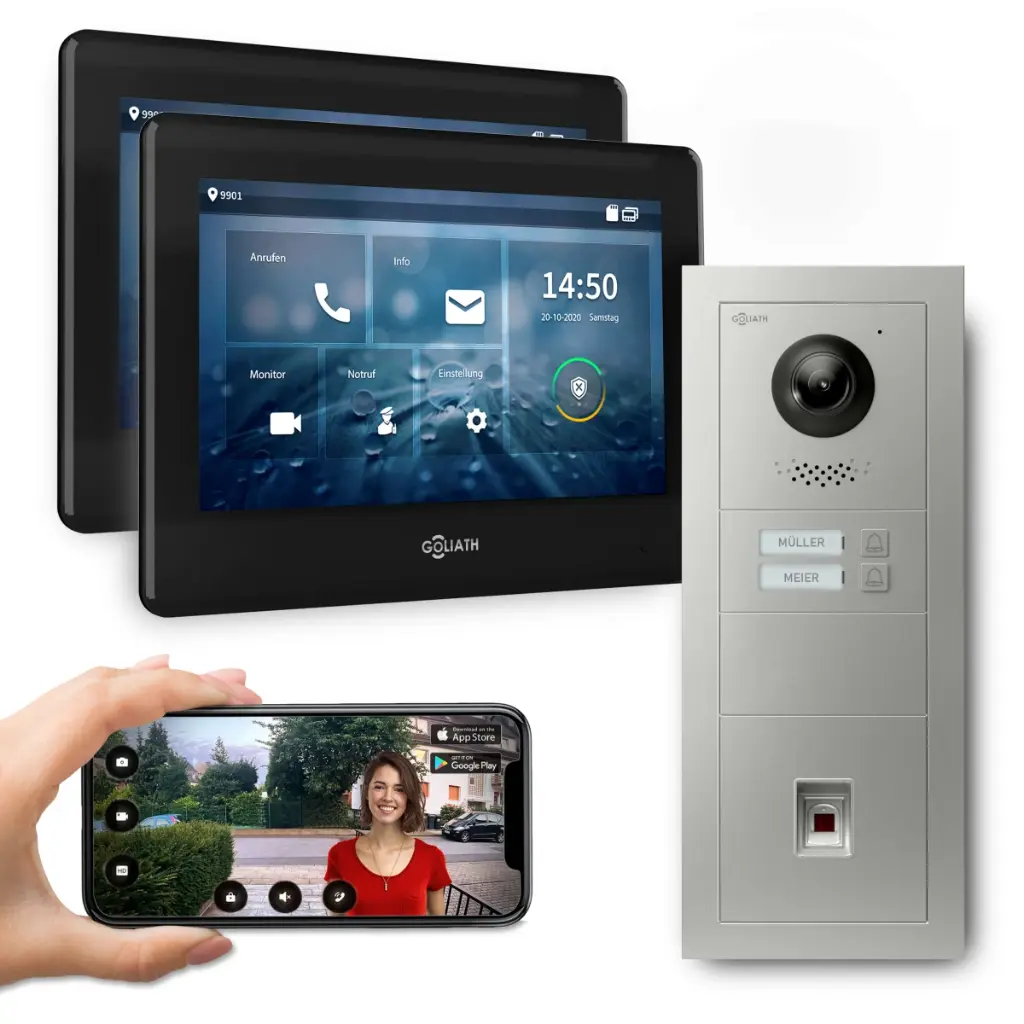 GOLIATH Hybrid 2-Draht BUS Türsprechanlage 2 Fam 2x7 Zoll Schwarz Fingerprint 