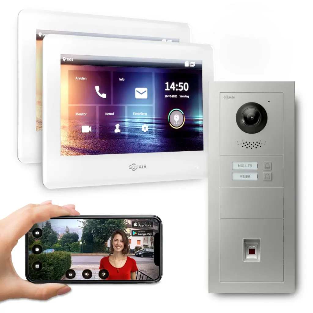 GOLIATH Hybrid 2-Draht BUS Türsprechanlage 2 Fam 2x7 Zoll Weiß Fingerprint 