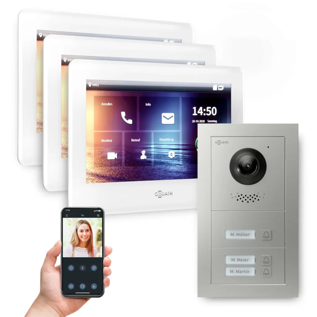 GOLIATH Hybrid 2-Draht BUS Video-Türsprechanlage 3 Familien  3x7 Zoll Weiß