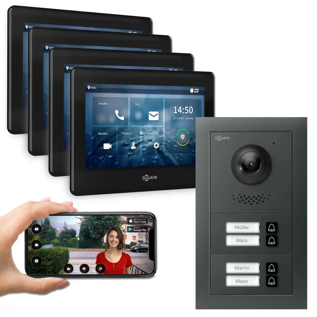 GOLIATH Hybrid 2-Draht BUS Türsprechanlage 4 Fam 4x7 Zoll Schwarz