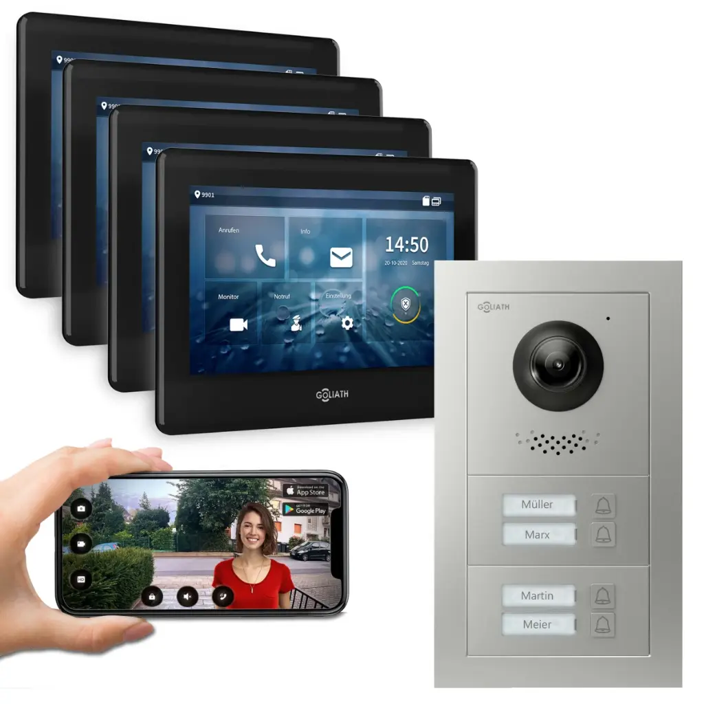 GOLIATH Hybrid 2-Draht BUS Türsprechanlage 4 Fam 4x7 Zoll Schwarz 