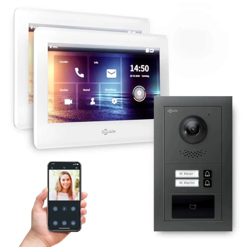 GOLIATH Hybrid 2-Draht BUS Türsprechanlage Anthrazit 2 Fam 2x7 Zoll Weiß RFID