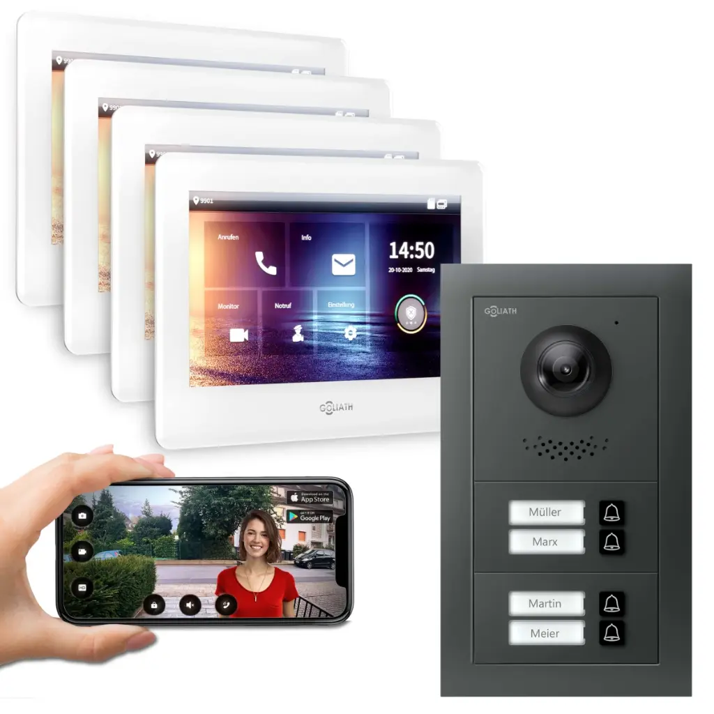 GOLIATH Hybrid 2-Draht BUS Türsprechanlage App 4 Fam 4x7 Zoll Weiß