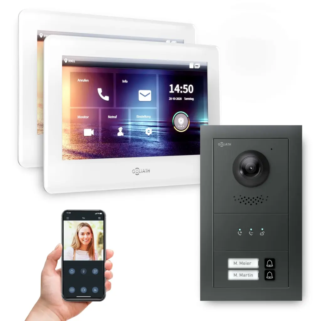 GOLIATH Hybrid 2-Draht BUS Türsprechanlage Anthrazit 2 Fam 2x7 Zoll Weiß
