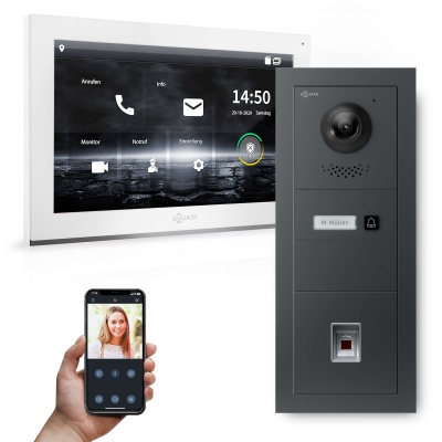 Hybrid IP Gegensprechanlage | Anthrazit | 1-Fam | 10" HD | Fingerprint | Unterputz | 180°