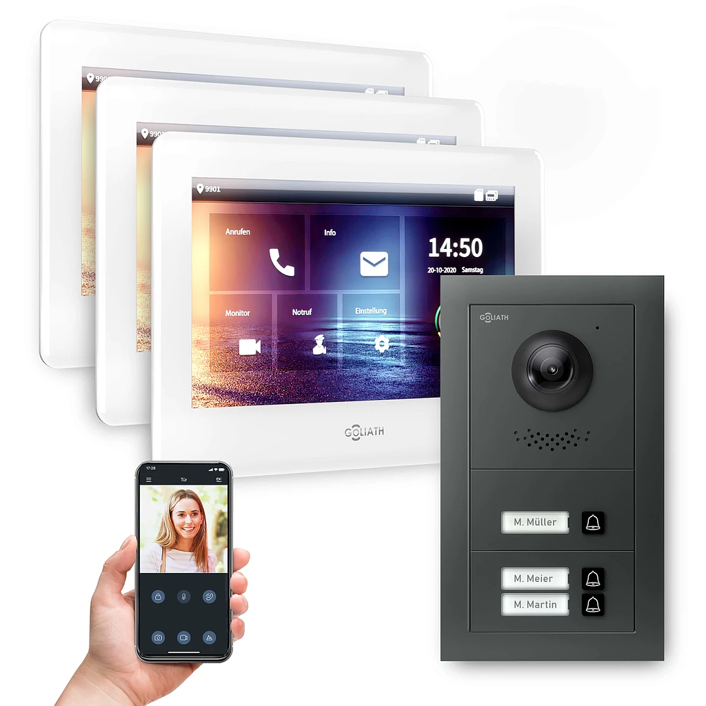 GOLIATH Hybrid 2-Draht BUS Video-Türsprechanlage Anthrazit 3 Fam 3x7 Zoll Weiß