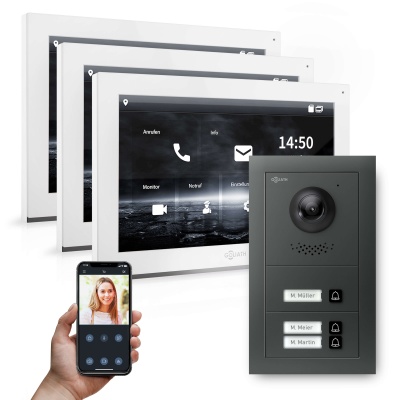 [AV-IPS-636] GOLIATH Hybrid IP Video Gegensprechanlage mit Anthrazit 3-Fam Set 3x 10" HD
