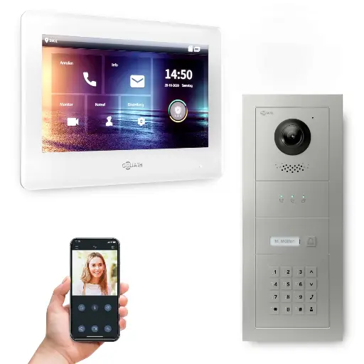 [AV-BUS-532] GOLIATH Hybrid 2-Draht BUS Türsprechanlage mit App 7 Zoll Weiß Keypad 