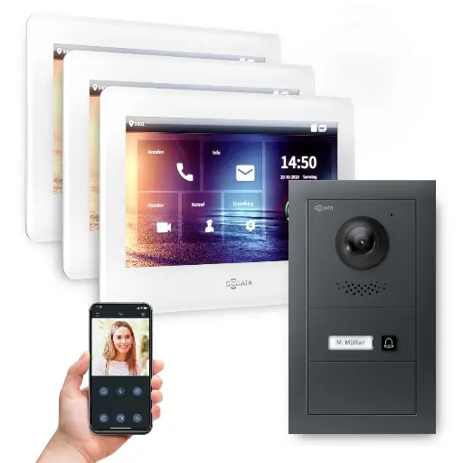 [AV-BUS-658] GOLIATH Hybrid 2-Draht BUS Video Sprechanlage Anthrazit Aufputz 3x7" Weiß