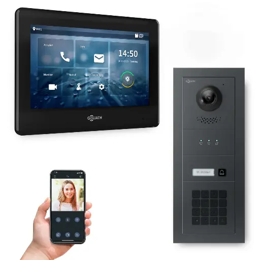 [AV-BUS-635] GOLIATH Hybrid 2-Draht BUS Video Türsprechanlage Anthrazit 7" Schwarz Keypad