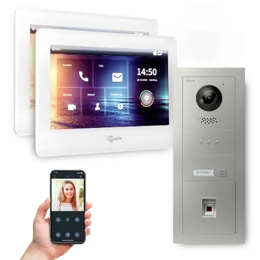 [AV-BUS-539] GOLIATH Hybrid 2-Draht BUS Video Türsprechanlage App 2x7"Weiß Fingerprint