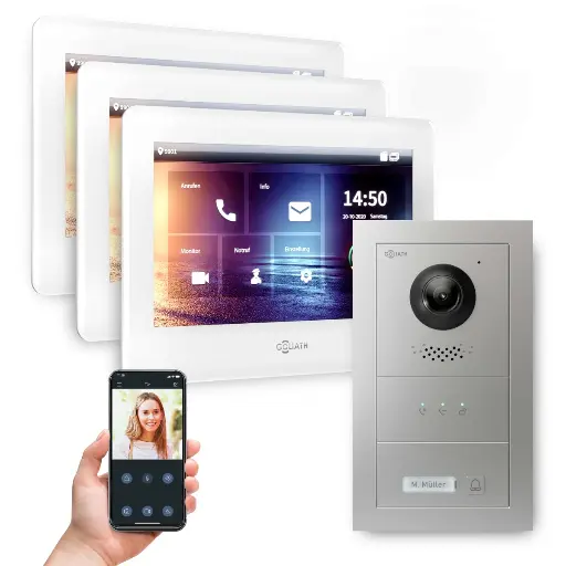 [AV-BUS-514] GOLIATH Hybrid 2-Draht BUS Video Türsprechanlage App 3x7 Zoll Weiß