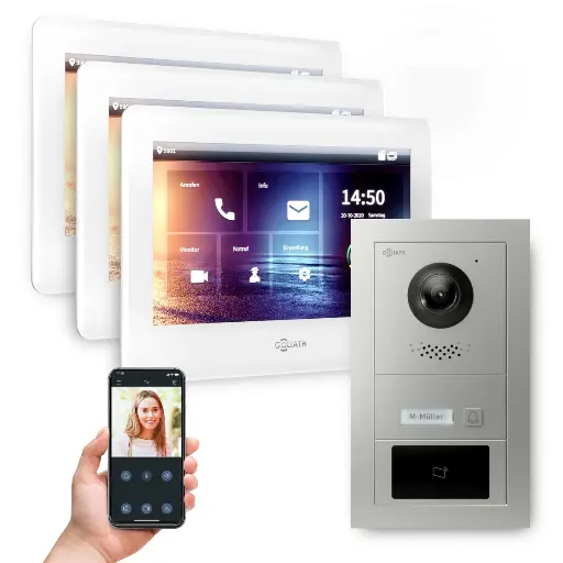 [AV-BUS-520] GOLIATH Hybrid 2-Draht BUS Video Türsprechanlage App 3x7 Zoll Weiß 