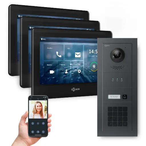 [AV-BUS-637] GOLIATH Hybrid 2-Draht BUS Video-Türsprechanlage Anthrazit  3x7" Schwarz Keypad