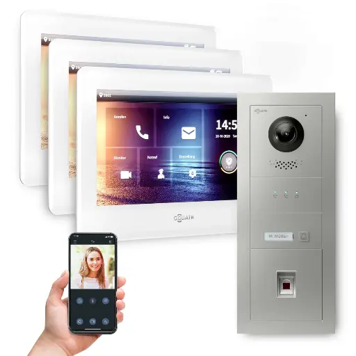 [AV-BUS-540] GOLIATH Hybrid 2-Draht BUS Video-Türsprechanlage 3x7"Weiß Fingerprint