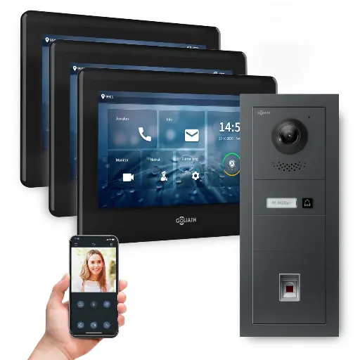 [AV-BUS-649] GOLIATH Hybrid 2-Draht BUS Videosprechanlage Anthrazit 3x7" Schwarz Fingerprint