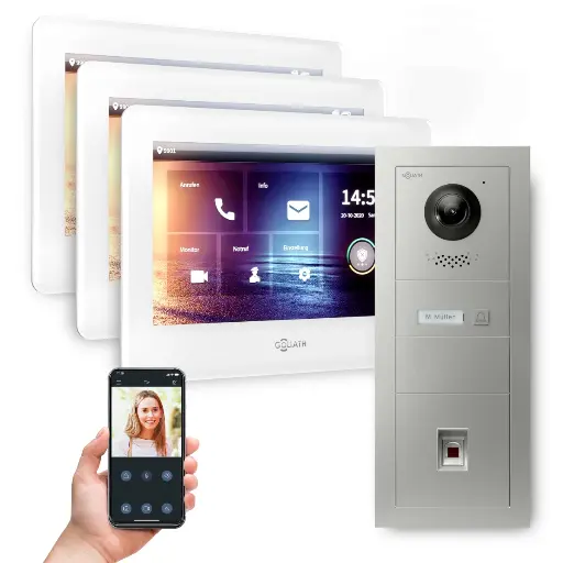 [AV-BUS-546] GOLIATH Hybrid 2-Draht BUS Videosprechanlage 3x7" Weiß Fingerprint 