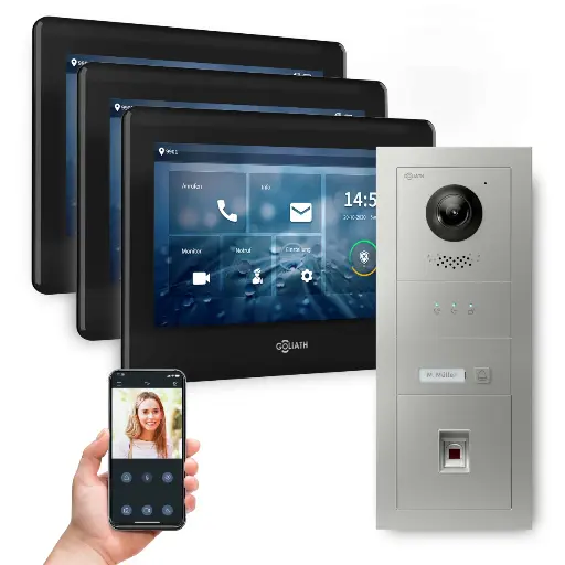 [AV-BUS-543] GOLIATH Hybrid 2-Draht BUS Videosprechanlage 3x7" Schwarz Fingerprint