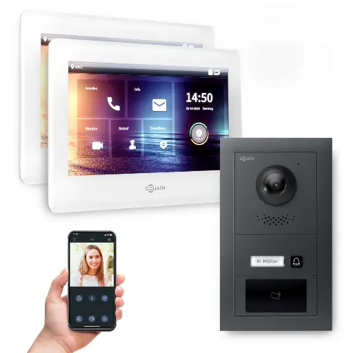 [AV-IPS-701] Goliath Hybrid IP Video Türsprechanlage mit App 1 Fam Anthrazit 2x7 Zoll Weiß