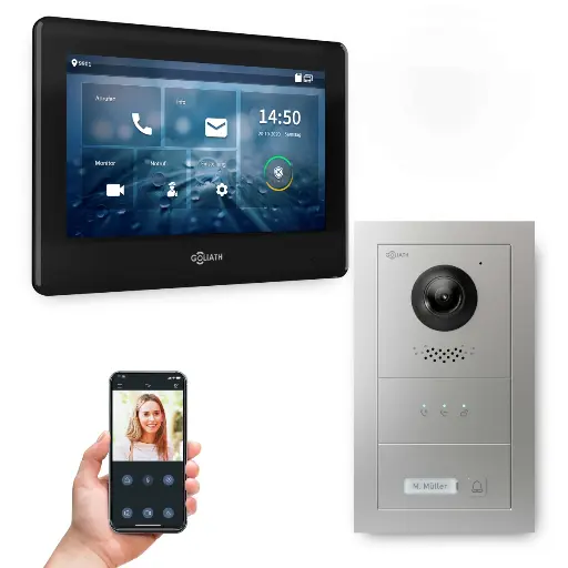 [AV-IPS-690] GOLIATH Hybrid IP Video Türsprechanlage mit App Silber 1-Fam 7 Zoll Schwarz