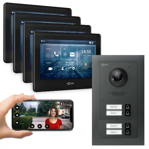 [AV-BUS-671] GOLIATH Hybrid 2-Draht BUS Türsprechanlage 4 Fam 4x7 Zoll Schwarz