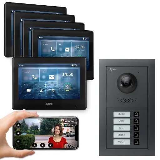 [AV-BUS-674] GOLIATH Hybrid 2-Draht BUS Türsprechanlage 5 Fam 5x7 Zoll Schwarz