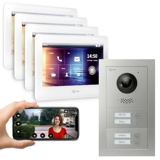 [AV-BUS-572] GOLIATH Hybrid 2-Draht BUS Türsprechanlage 4 Fam 4x7 Zoll Weiß Aufputz