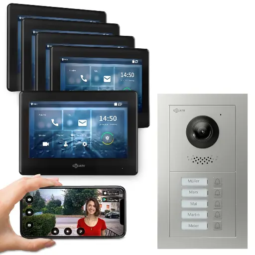 [AV-BUS-574] GOLIATH Hybrid 2-Draht BUS Türsprechanlage App 5 Fam 5x7 Zoll Schwarz