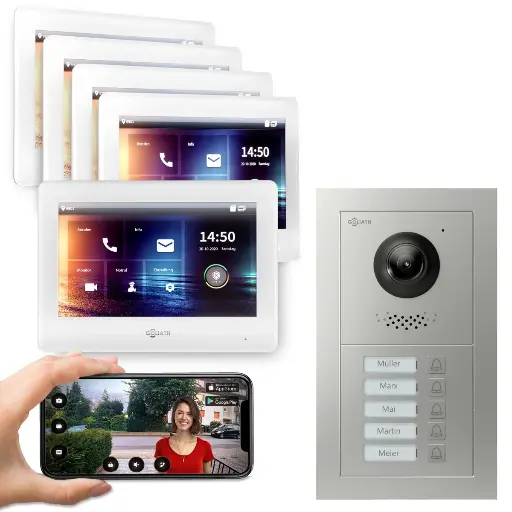 [AV-BUS-573] GOLIATH Hybrid 2-Draht BUS Türsprechanlage App 5 Fam 5x7 Zoll Weiß 