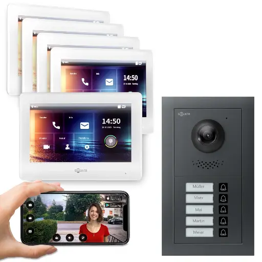 [AV-BUS-675] GOLIATH Hybrid 2-Draht BUS Türsprechanlage App 5 Fam 5x7 Zoll Weiß 