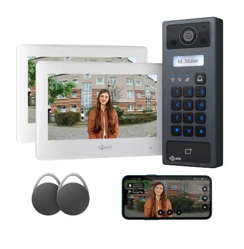 [AV-BLS-K-02W] GOLIATH Basic 2-Draht BUS Türsprechanlage | FullHD | 2x 7" Schwarz | RFID & Keypad | 1-Familienhaus | Aufputz